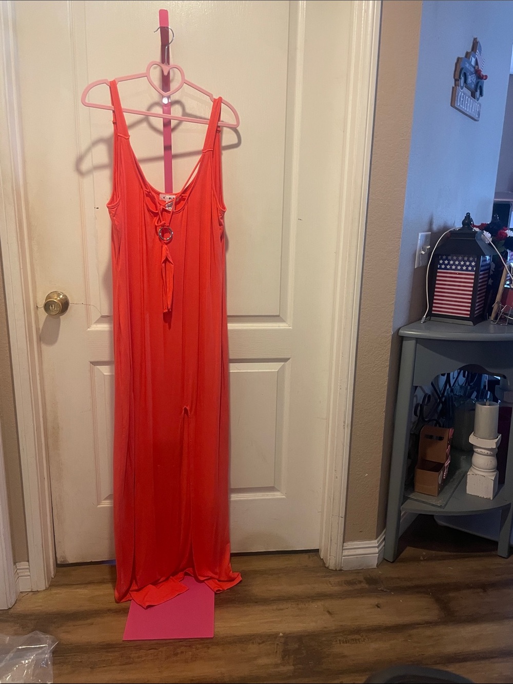 Sleeveless Coral Maxi Dress with Front Ring and Tie